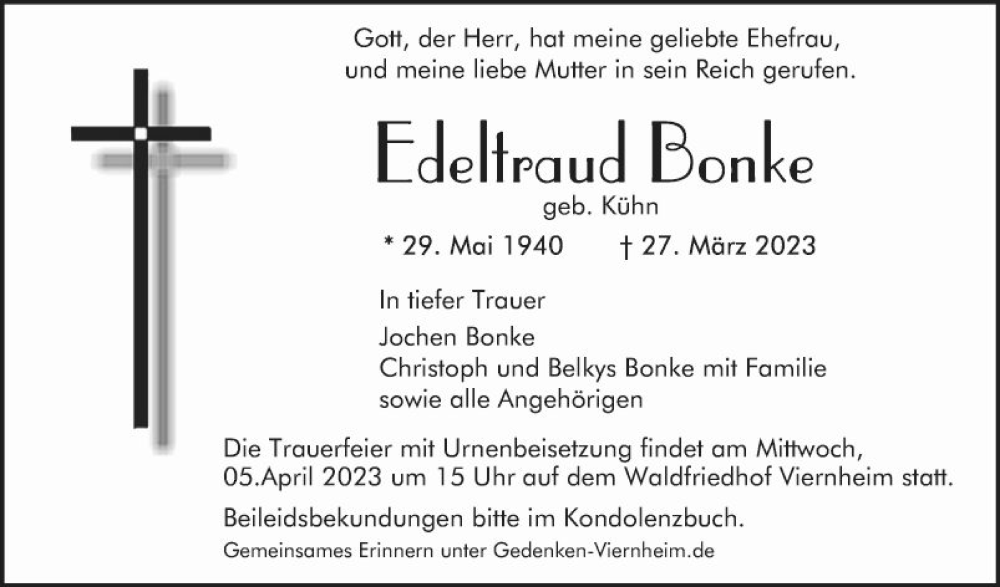  Traueranzeige für Edeltraud Bonke vom 01.04.2023 aus Mannheimer Morgen