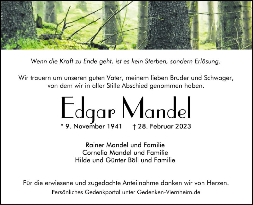  Traueranzeige für Edgar Mandel vom 16.03.2023 aus Mannheimer Morgen