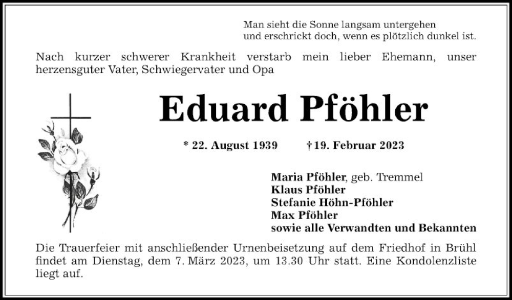  Traueranzeige für Eduard Pföhler vom 04.03.2023 aus Schwetzinger Zeitung