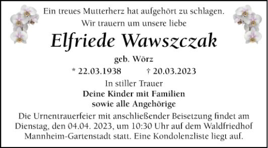 Traueranzeige von Elfriede Wawszczak von Mannheimer Morgen