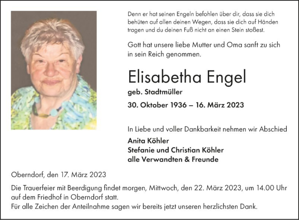  Traueranzeige für Elisabetha Engel vom 21.03.2023 aus Fränkische Nachrichten