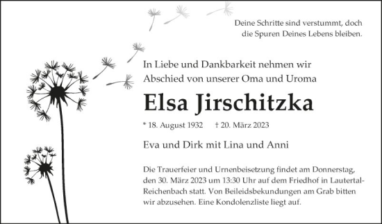 Traueranzeige von Elsa Jirschitzka von Bergsträßer Anzeiger