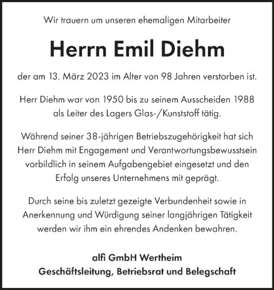  Traueranzeige für Emil Diehm vom 21.03.2023 aus Fränkische Nachrichten