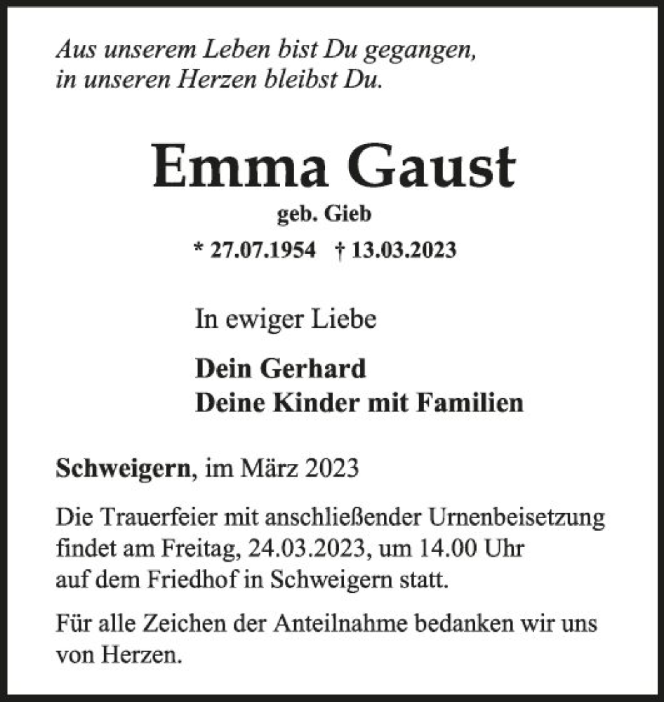  Traueranzeige für Emma Gaust vom 22.03.2023 aus Fränkische Nachrichten