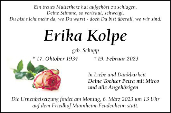 Traueranzeige von Erika Kolpe von Mannheimer Morgen