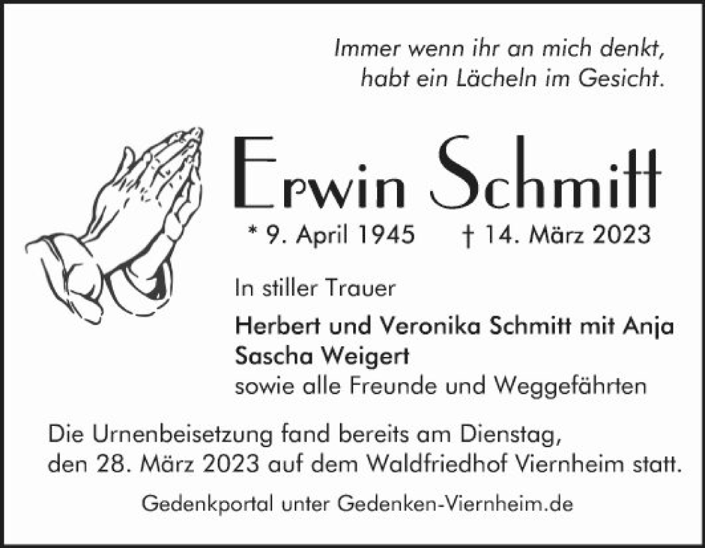  Traueranzeige für Erwin Schmitt vom 29.03.2023 aus Mannheimer Morgen