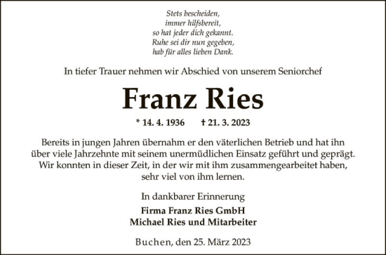 Traueranzeige von Franz Ries von Fränkische Nachrichten