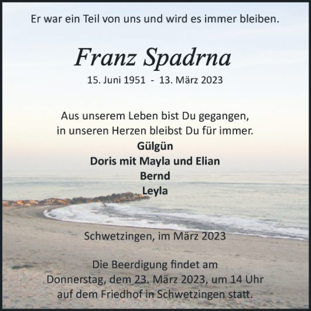  Traueranzeige für Franz Spadrna vom 18.03.2023 aus Schwetzinger Zeitung