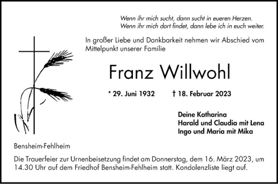 Traueranzeige von Franz Willwohl von Bergsträßer Anzeiger