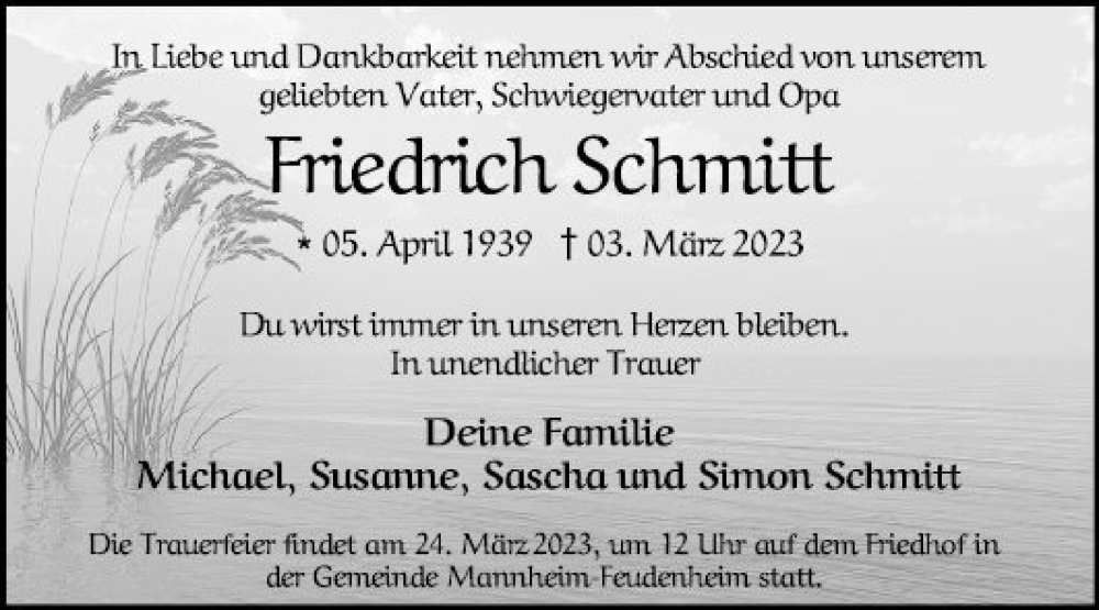  Traueranzeige für Friedrich Schmitt vom 23.03.2023 aus Mannheimer Morgen