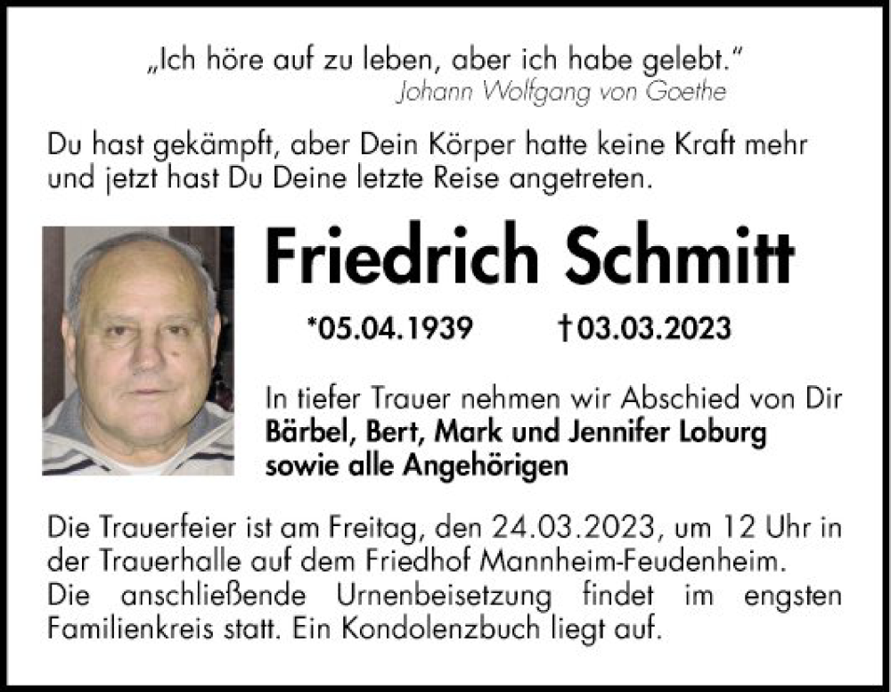  Traueranzeige für Friedrich Schmitt vom 18.03.2023 aus Mannheimer Morgen
