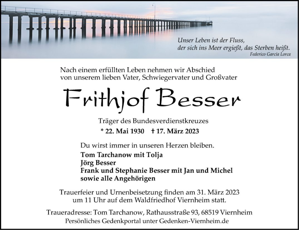  Traueranzeige für Frithjof Besser vom 25.03.2023 aus Mannheimer Morgen