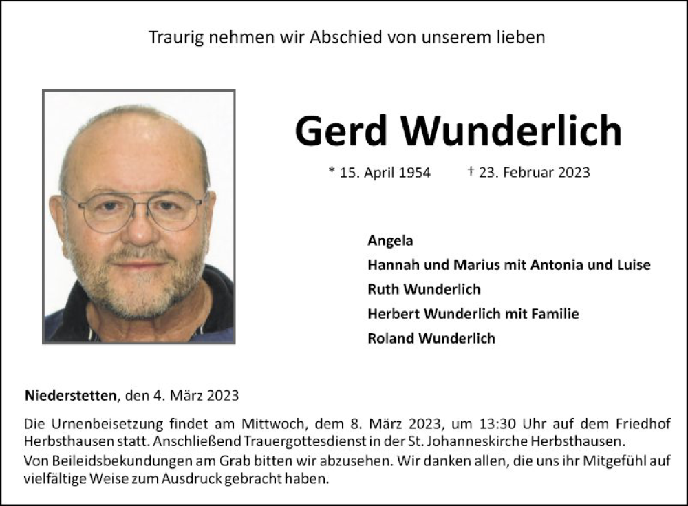  Traueranzeige für Gerd Wunderlich vom 04.03.2023 aus Fränkische Nachrichten