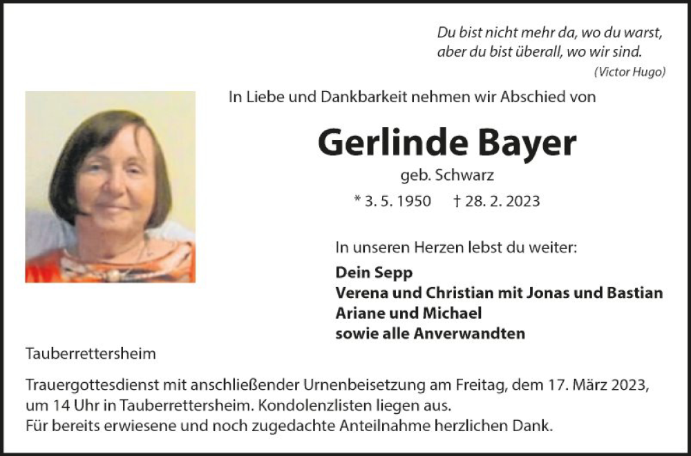  Traueranzeige für Gerlinde Bayer vom 11.03.2023 aus Fränkische Nachrichten