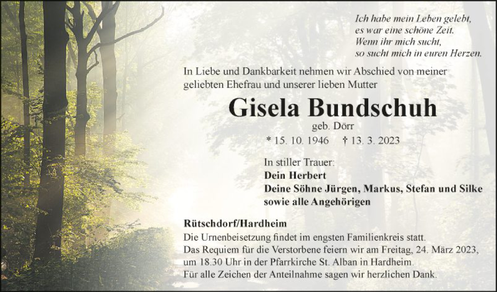  Traueranzeige für Gisela Bundschuh vom 22.03.2023 aus Fränkische Nachrichten