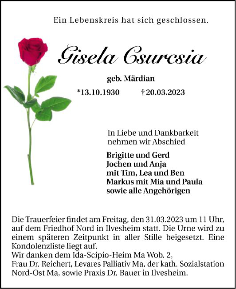  Traueranzeige für Gisela Gsurcsia vom 25.03.2023 aus Mannheimer Morgen