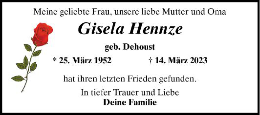  Traueranzeige für Gisela Hennze vom 22.03.2023 aus Mannheimer Morgen