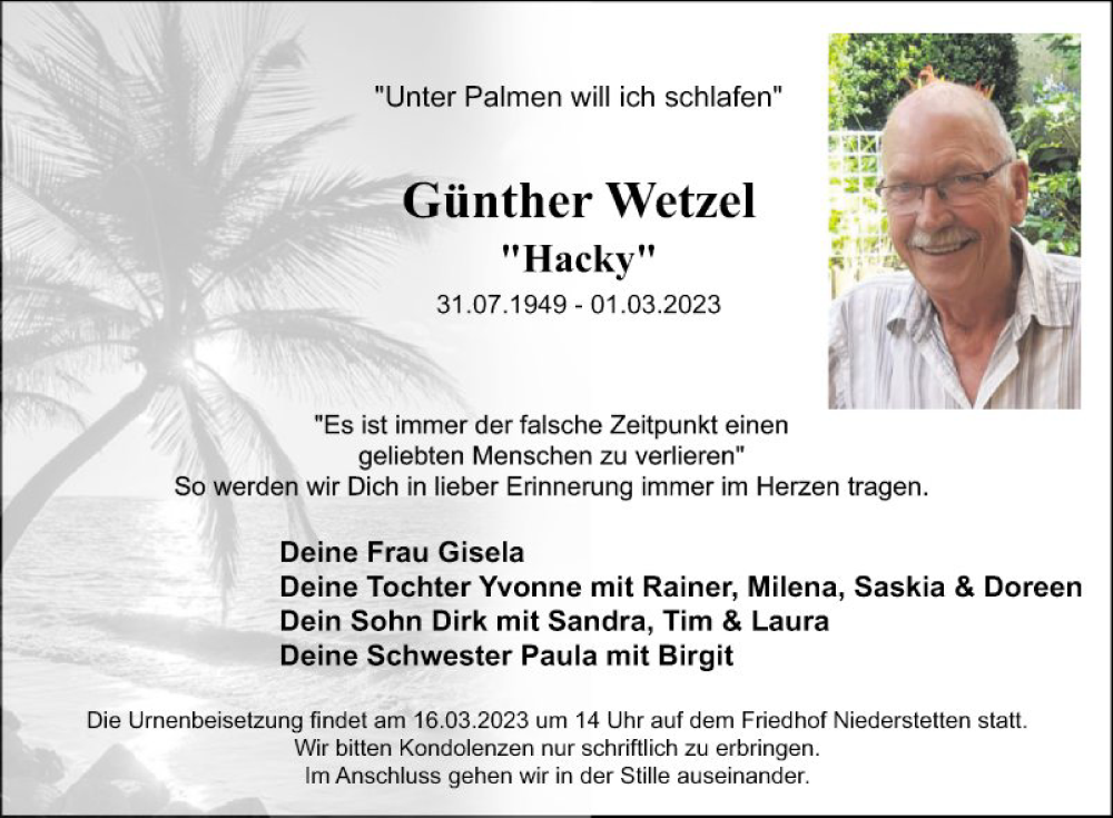  Traueranzeige für Günther Wetzel vom 11.03.2023 aus Fränkische Nachrichten