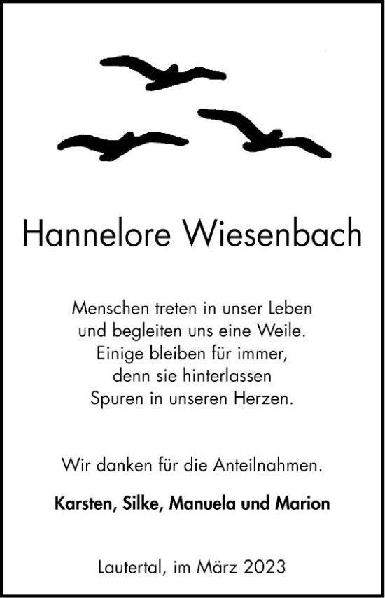 Traueranzeige von Hannelore Wiesenbach von Bergsträßer Anzeiger