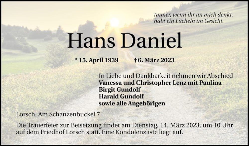  Traueranzeige für Hans Daniel vom 11.03.2023 aus Bergsträßer Anzeiger