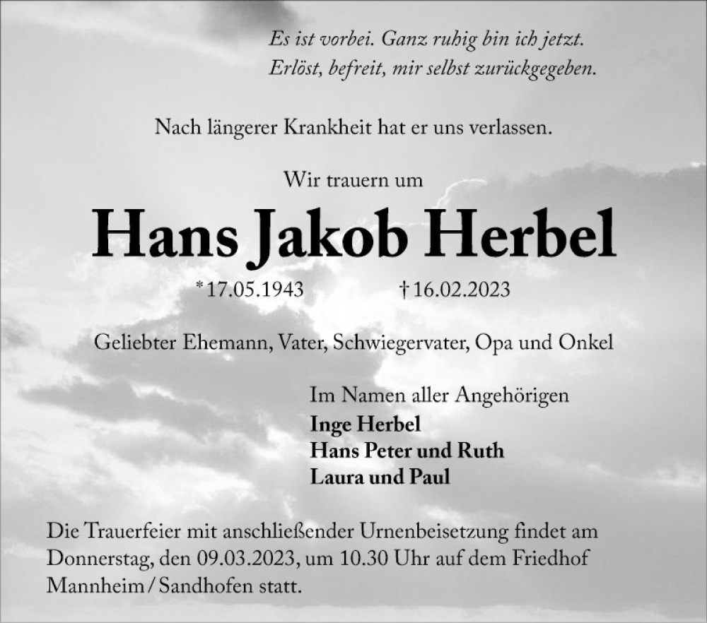 Traueranzeige für Hans Jakob Herbel vom 04.03.2023 aus Mannheimer Morgen