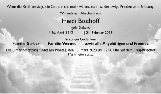 Traueranzeige von Heidi Bischoff von Mannheimer Morgen