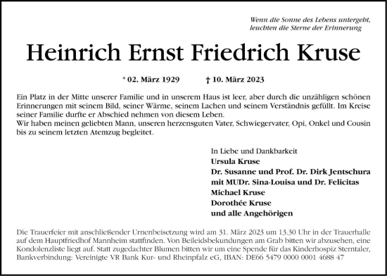 Traueranzeige von Heinrich Ernst Friedrich Kruse von Mannheimer Morgen