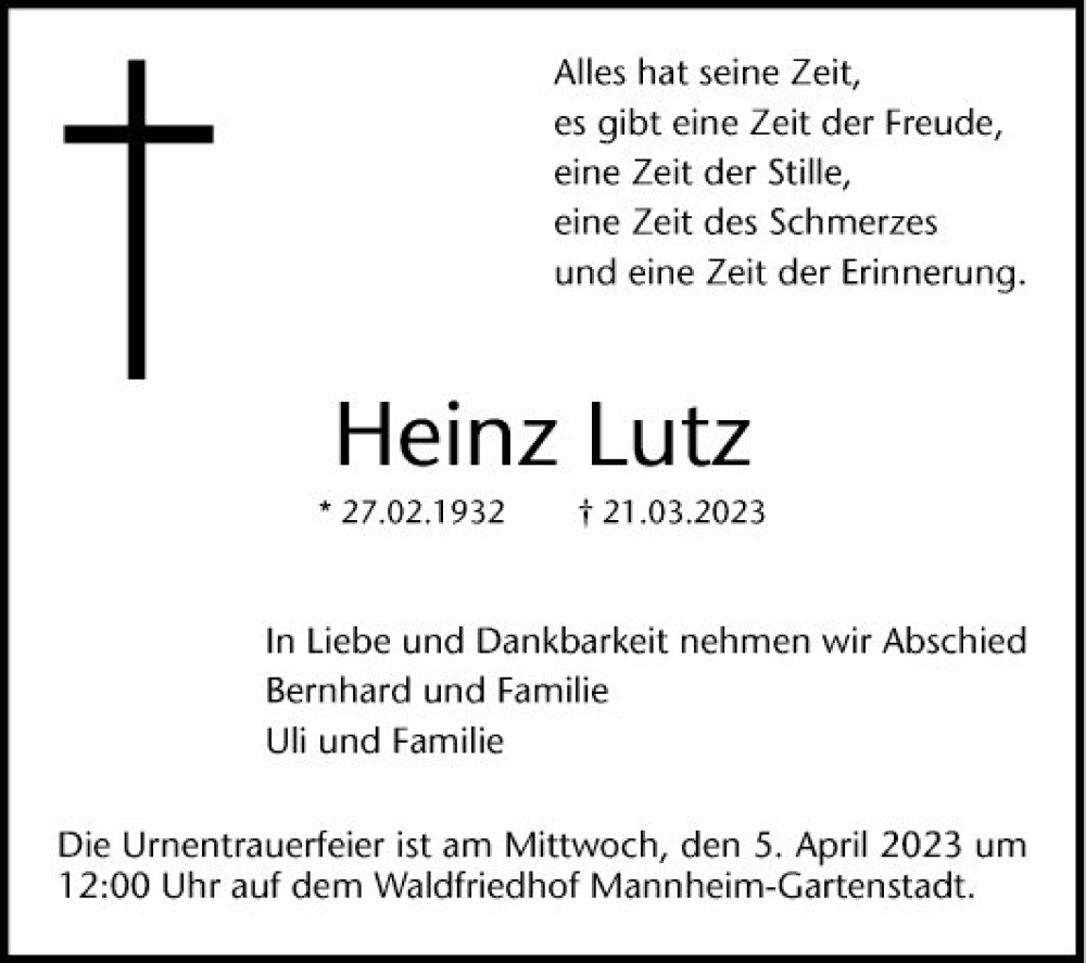  Traueranzeige für Heinz Lutz vom 25.03.2023 aus Mannheimer Morgen