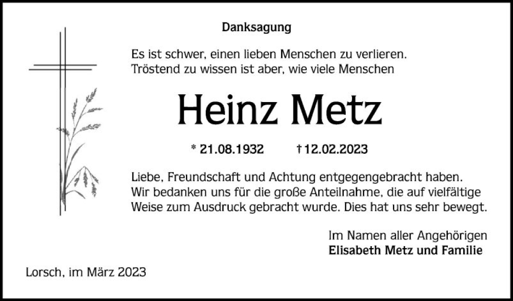  Traueranzeige für Heinz Metz vom 11.03.2023 aus Bergsträßer Anzeiger