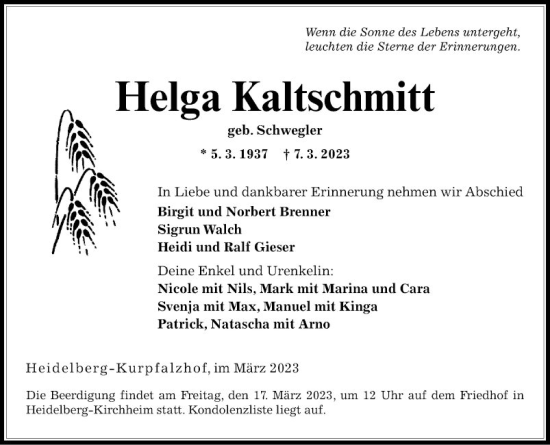 Traueranzeige von Helga Kaltschmitt von Mannheimer Morgen