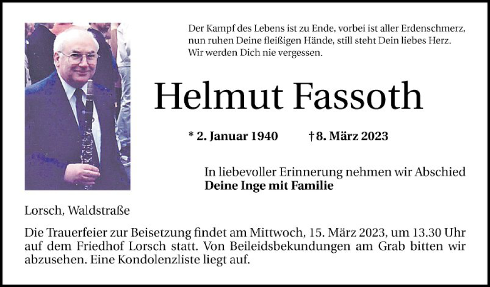  Traueranzeige für Helmut Fassoth vom 11.03.2023 aus Bergsträßer Anzeiger