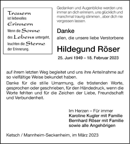 Traueranzeige von Hildegund Röser von Mannheimer Morgen