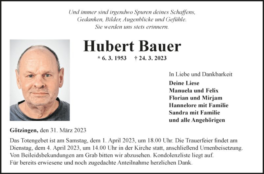  Traueranzeige für Hubert Bauer vom 31.03.2023 aus Fränkische Nachrichten