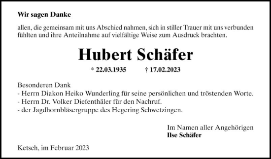 Traueranzeige von Hubert Schäfer von Schwetzinger Zeitung
