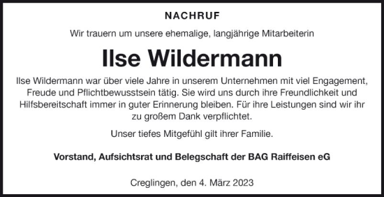 Traueranzeige von Ilse Wildermann von Fränkische Nachrichten