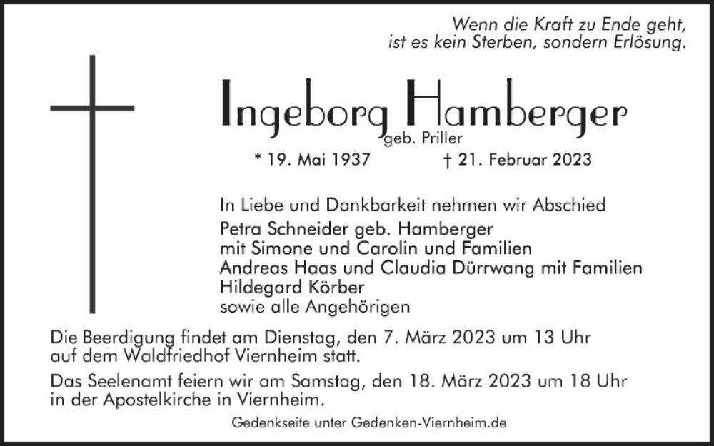  Traueranzeige für Ingeborg Hamberger vom 04.03.2023 aus Mannheimer Morgen