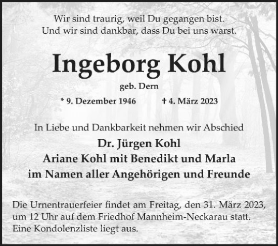 Traueranzeige von Ingeborg Kohl von Mannheimer Morgen