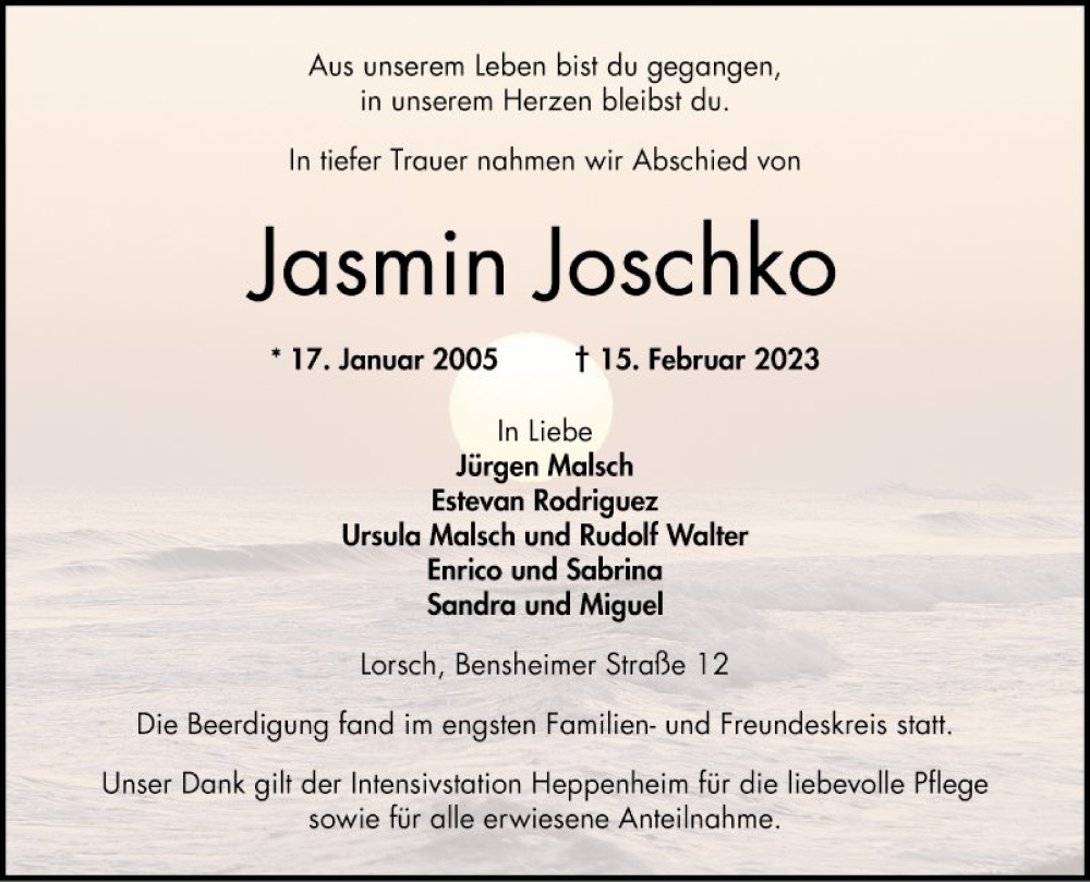 Traueranzeigen von Jasmin Joschko | Trauerportal Ihrer Tageszeitung