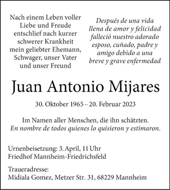 Traueranzeige von Juan Antonio Mijares von Mannheimer Morgen