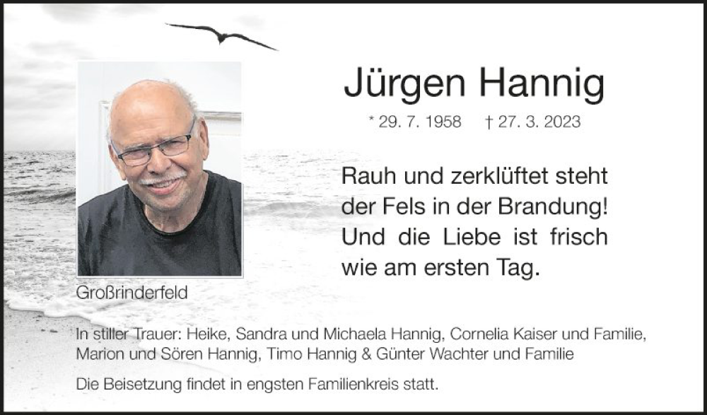  Traueranzeige für Jürgen Hannig vom 01.04.2023 aus Fränkische Nachrichten
