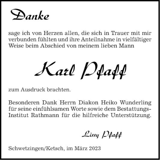 Traueranzeige von Karl Pfaff von Schwetzinger Zeitung