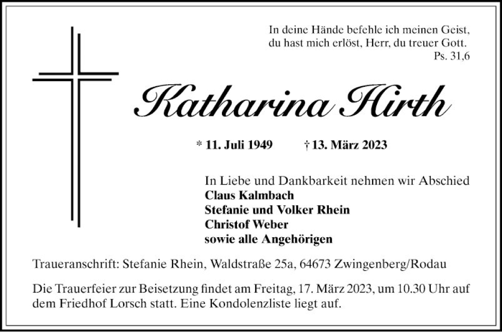 Traueranzeige für Katharina Hirth vom 16.03.2023 aus Bergsträßer Anzeiger