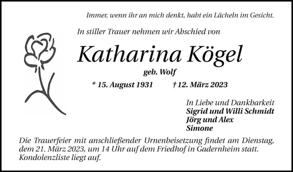  Traueranzeige für Katharina Kögel vom 18.03.2023 aus Bergsträßer Anzeiger