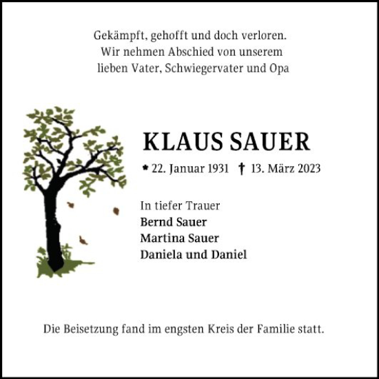 Traueranzeige von Klaus Sauer von Mannheimer Morgen