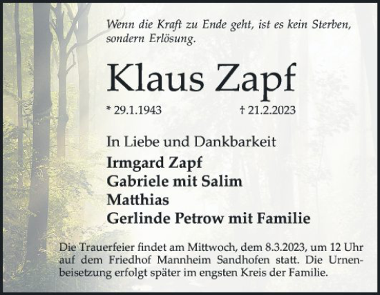 Traueranzeige von Klaus Zapf von Mannheimer Morgen