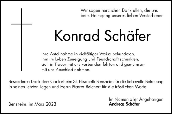 Traueranzeige von Konrad Schäfer von Bergsträßer Anzeiger