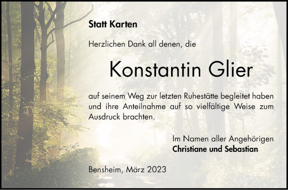  Traueranzeige für Konstantin Glier vom 04.03.2023 aus Bergsträßer Anzeiger