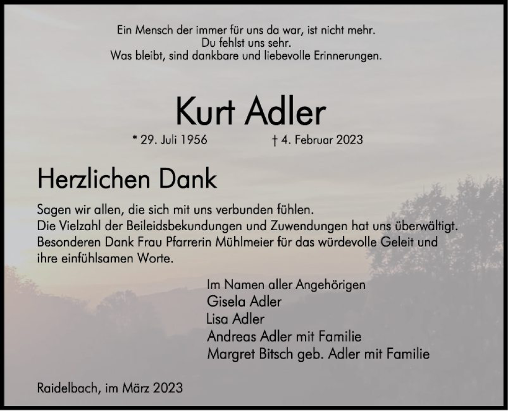  Traueranzeige für Kurt Adler vom 18.03.2023 aus Bergsträßer Anzeiger