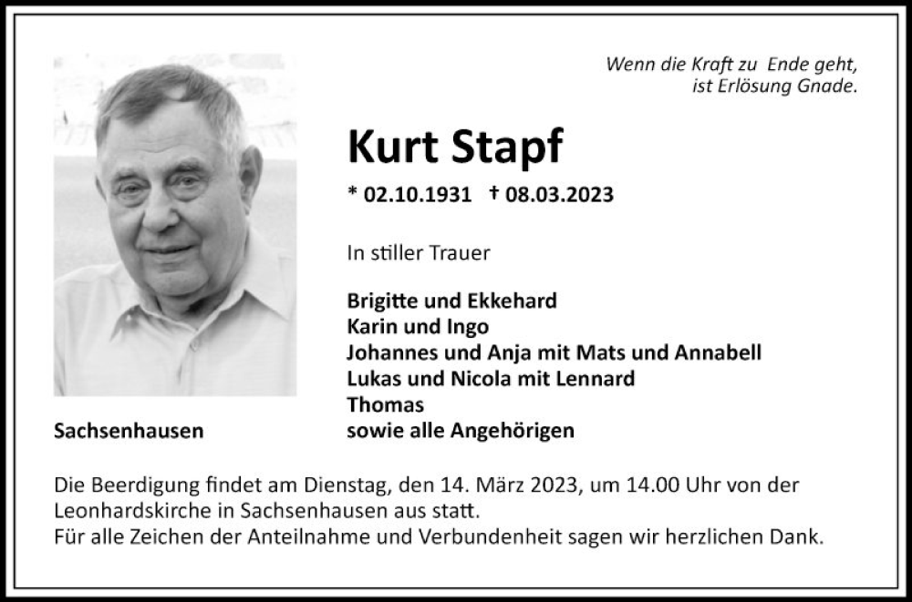  Traueranzeige für Kurt Stapf vom 11.03.2023 aus Fränkische Nachrichten