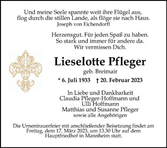 Traueranzeige von Lieselotte Pfleger von Mannheimer Morgen
